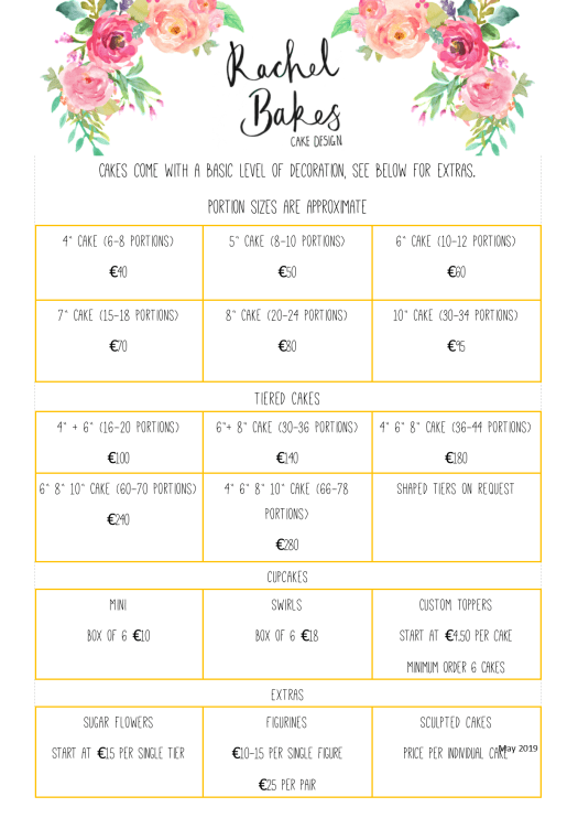 Rachel Bakes Price list 2019